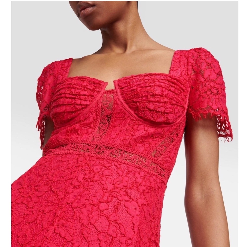 Self-Portrait Red Floral Cord Lace Bustier Midi Dress Cap Sleeve Sweetheart Sz 8 - Picture 3 of 16